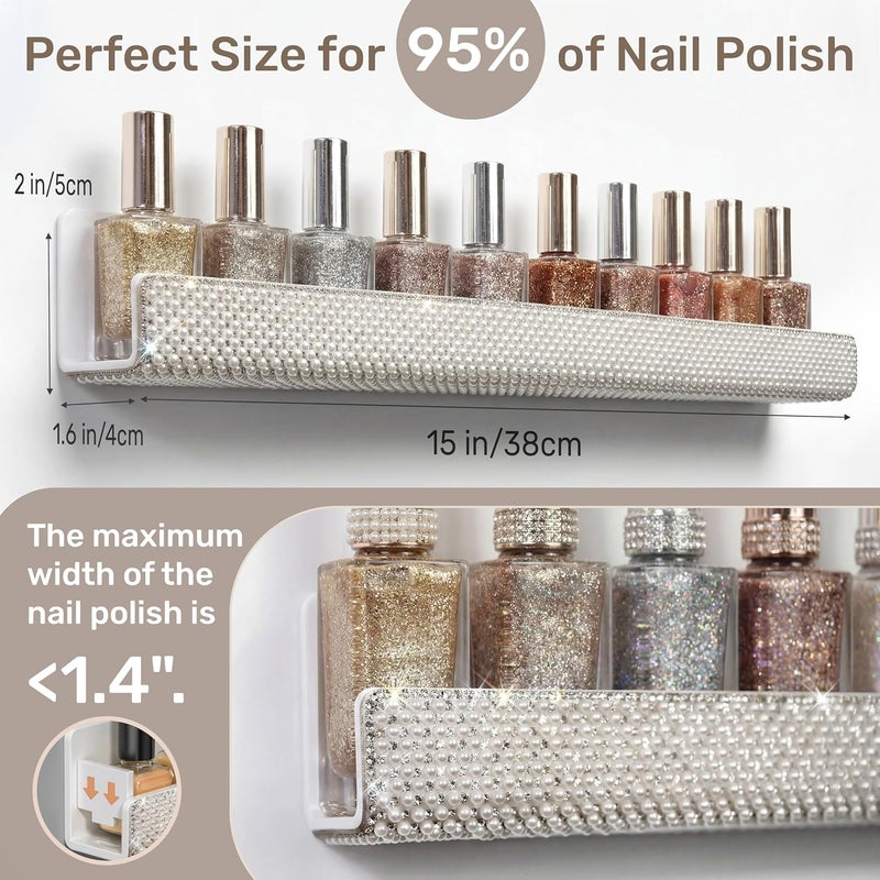 YMVV Nail Polish Wall Shelf - 15-Inch Pearls Diamond Crystal Display & Organizer Rack, Holds 60+ Polishes, Soft Ledge for Bedroom, Bathroom, Salon,6 Pack - Image 3